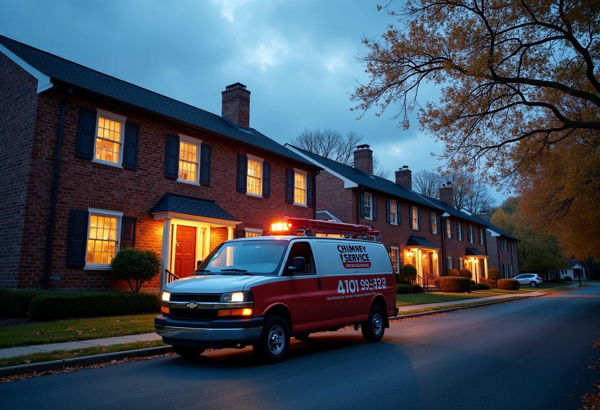 Chimney service van outside brick townhouses at dusk — Riverdale Park